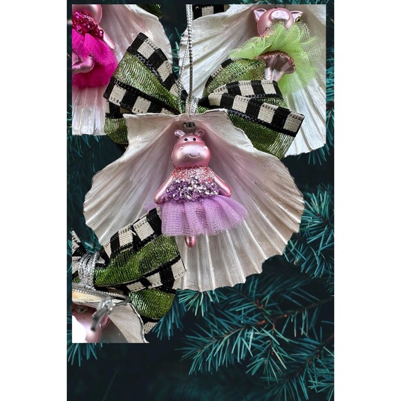 Handmade Seashell Christmas Ornaments – Pig & Hippo Ballerinas, Set of 4 - Picture 2 of 5